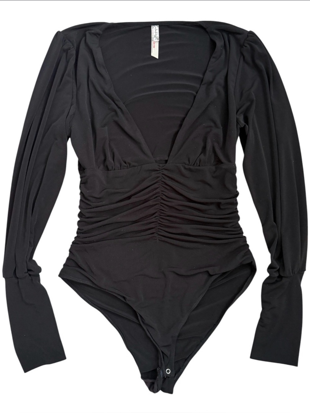 Free People Black Long Sleeve V-Neck Ruched Bodysuit